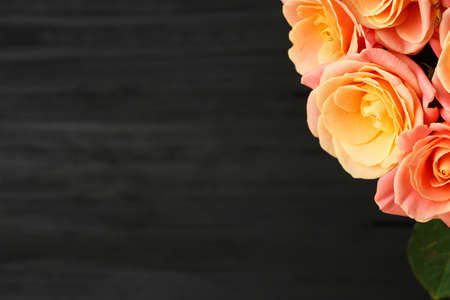 Pink  roses Miss Piggy  bouquet. At blank copy space, on the right up side, on a black wooden...