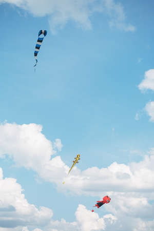 festival of kites, kites in the sky on a sunny day. Various kites flying on the blue skyの写真素材