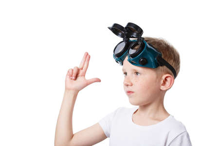 child in funny glasses plays, Kid with toy virtual reality headset, photo isolated on white...