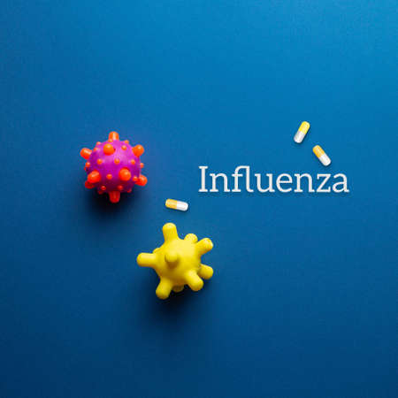 Virus abstract strain model on blue background flat lay. Virus Pandemic Protection Concept....