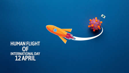 International day of human space flight. 12 April World Cosmonautics Day. Launch rocket journey to the stars on a blue isolated background.の写真素材