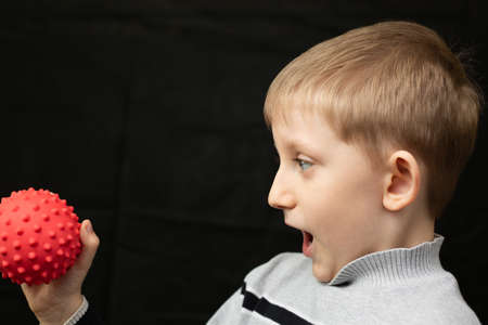 Little boy in a gray sweater in surprise loking at  a virus model in his hands on a black isolated background.の写真素材
