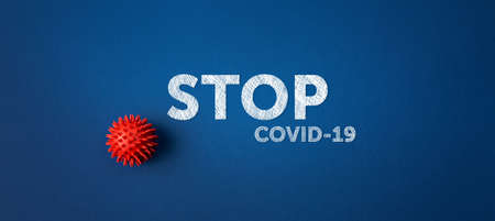 red virus on blue background with text stop covid-19, coronavirus control concept. global world pandemic for fight against virusの写真素材