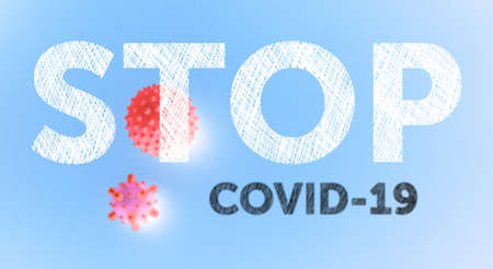 red virus on blue background with text stop covid-19, coronavirus control concept. global world pandemic for fight against virusの写真素材