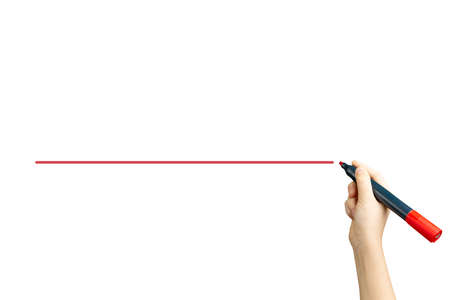 Hand holding a red marker drawing straight black line on white backgroundの写真素材