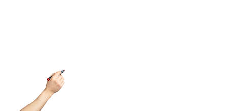 male hand with marker write on an isolated white background. Writing hand. Hand holding black Pen. Wide image.の写真素材