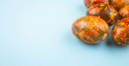 Easter eggs on a blue isolated background. Holiday concept.の写真素材