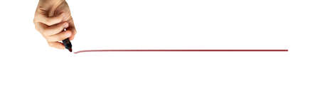 Hand holding a red marker drawing straight black line on white backgroundの写真素材