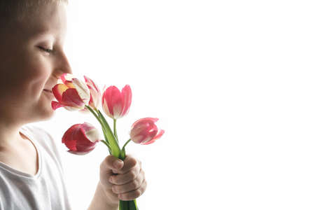 Little boy holding  bouquet of flowers. A child with closed eyes sniffs flowers. The concept of enjoying aroma. White isolated background with backlight.の写真素材