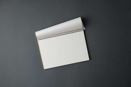 Open spiral notepad with white sheets on a gray background top view.