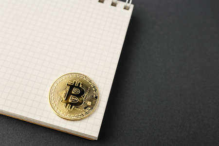 bitcoin on a notebook, coin bitcoin on a table, a lot of free space