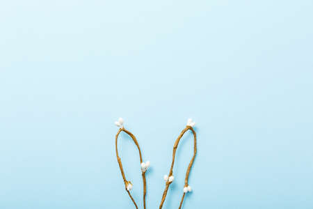 Easter minimal concept top view. Bunny rabbit ears made from the vine on paper yellow background...