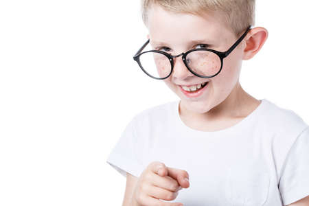 child in glasses isolated on white background, boy in glasses, vision problems