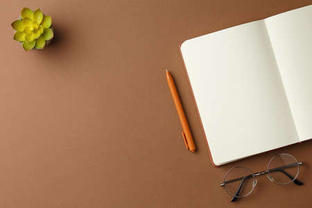 Open diary with pen glasses and a potted plant.の写真素材