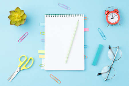 School notebook with bookmarks. Flat lay.