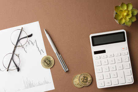 Bitcoins with stock chart. Flat layの写真素材