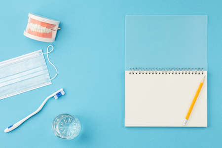 Jaw model with toothbrus and notepad. Dentist deskの写真素材