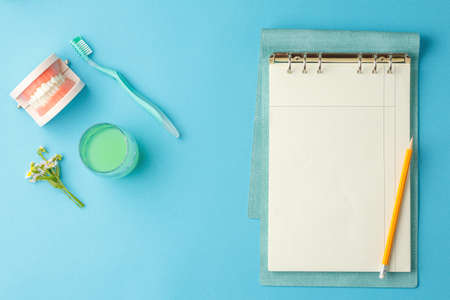 Dentist table with oral hygiene accessories.の写真素材