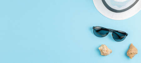Seashells with beach hat and sunglasses.