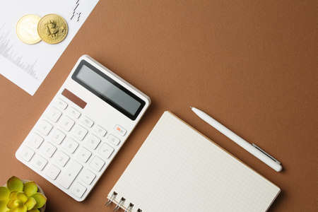 Bitcoins with stock chart. Flat layの写真素材