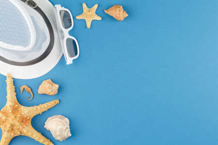 Beach accessories and shellfish with copyspace.の写真素材