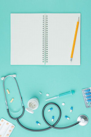 Medical supplies and medicines on the table.の写真素材