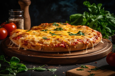 A pizza with dripping, stretchy cheese and a mouthwatering look. a real italian pizza, by ai generativeの素材