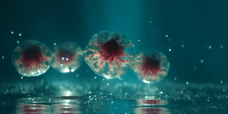 Realistic Macro shot of different types of microbes. Virus cells and bacteria, by ai generativeの素材