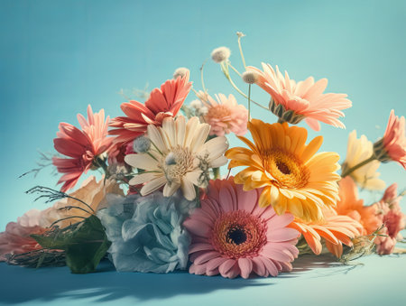 A bouquet of summer flowers on a blue background, by ai generativeの素材
