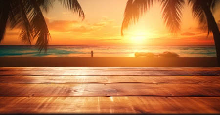 Empty wood table top, blurred tropical sunset background in clean and bright concept, ready for product montage, by ai generativeの素材
