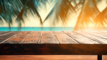Empty wood table top, blurred tropical beach background in clean and bright concept, ready for product montage, by ai generativeの素材