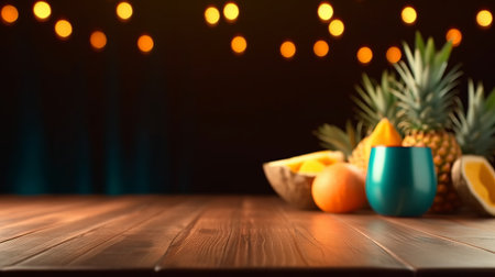 Empty wood table top blurred tropical bar background in clean and bright concept, ready for product montage, by ai generativeの素材