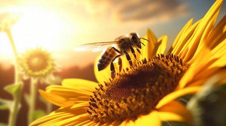 closeup of bee sitting on wax with honey, macro photo of honey bee in the wild, ultra wide format, by ai generativeの素材