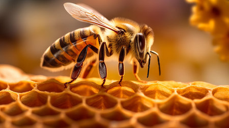 closeup of bee sitting on wax with honey, macro photo of honey bee in the wild, ultra wide format, by ai generativeの素材