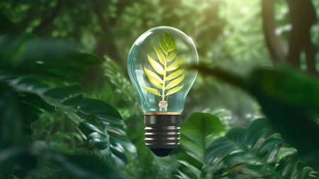 eco light bulb shines in the forest, the leaves inside it symbolize clean and renewable energy, the concept of a clean planet, ultra wide format, by ai generativeの素材