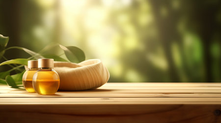 Wood table top with blurred spa interior background, ready for product montage, by ai generativeの素材