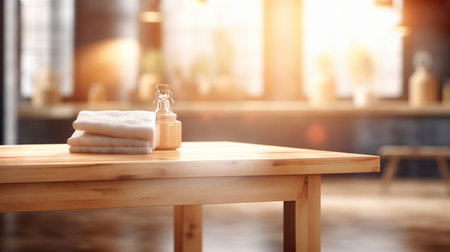 Wood table top with blurred spa interior background, ready for product montage, by ai generativeの素材
