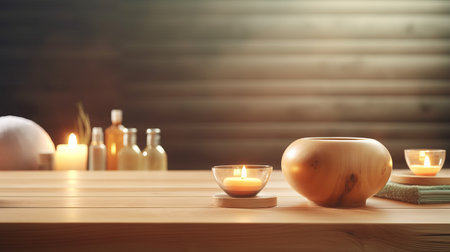Wood table top with blurred spa interior background, ready for product montage, by ai generativeの素材