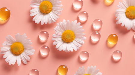 daisy flowers on pink background top view with water droplets, aromatherapy or health and beauty therapy concept, by ai generativeの素材