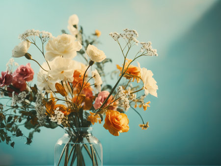 A bouquet of summer flowers in a jar on the table against a blue background, by ai generativeの素材