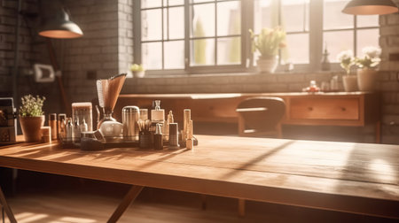 Empty wood table top counter and blur bokeh, blurred modern kitchen interior background in clean and bright concept, ready for product montage, by ai generativeの素材