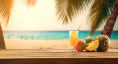 Empty wood table top, blurred tropical beach background in clean and bright concept, ready for product montage, by ai generativeの素材