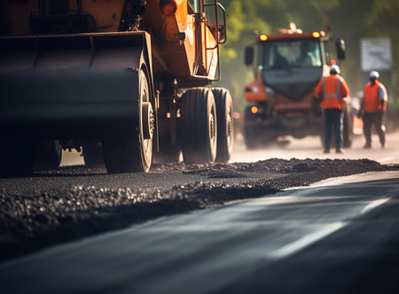 workers placing new coating of asphalt on the road, by ai generativeの素材