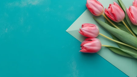 Pink tulips on blue background in envelope. Flat lay top view, mothers day with love, by ai generativeの素材