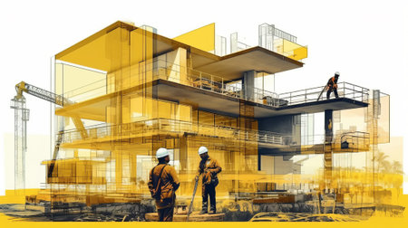 engineer working. digital building construction engineering with double exposition in graphic, by ai generativeの素材