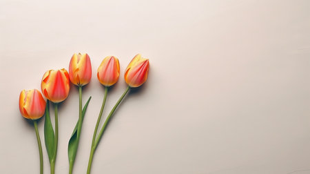 beautiful tulips on grey background. Flat lay top view, mothers day with love.  top view, by ai generativeの素材
