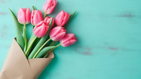 Pink tulips on blue background in envelope. Flat lay top view, mothers day with love, by ai generativeの素材