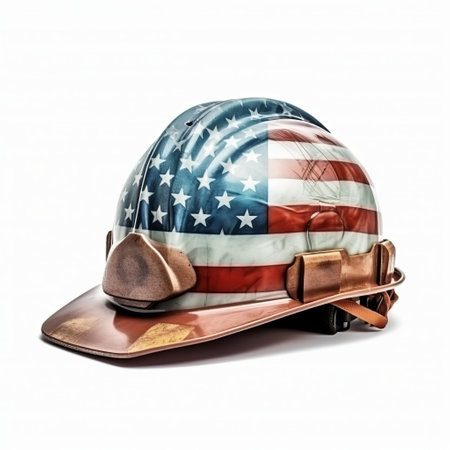 construction helmet in the colors of the American flag on an insulated white background. labor day concept, by ai generativeの素材
