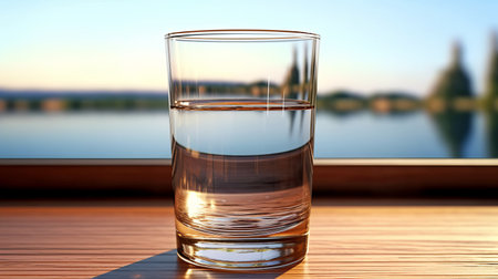 glass of crystal clear water. fresh water from an artesian well. Concept: nature, purification, freshness., by ai generativeの素材