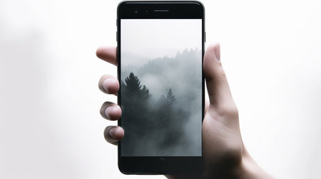 hand holding a smartphone against an insulated white background in double exposure style, by ai generativeの素材